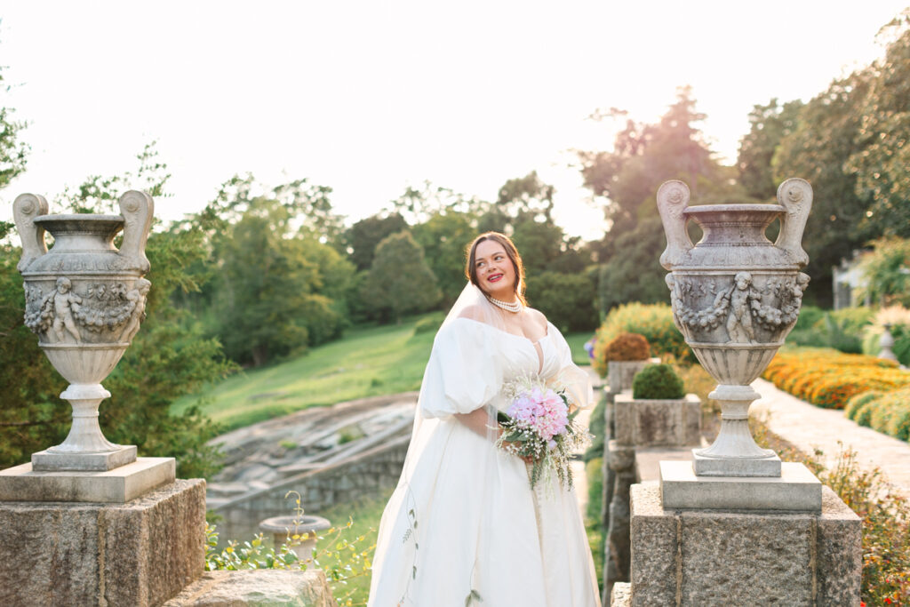 Maymont Bridal Portrait Session bride with beautiful stone vases