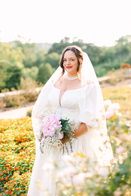 Bride in elegant wedding dress at Maymont Gardens, Richmond, Virginia