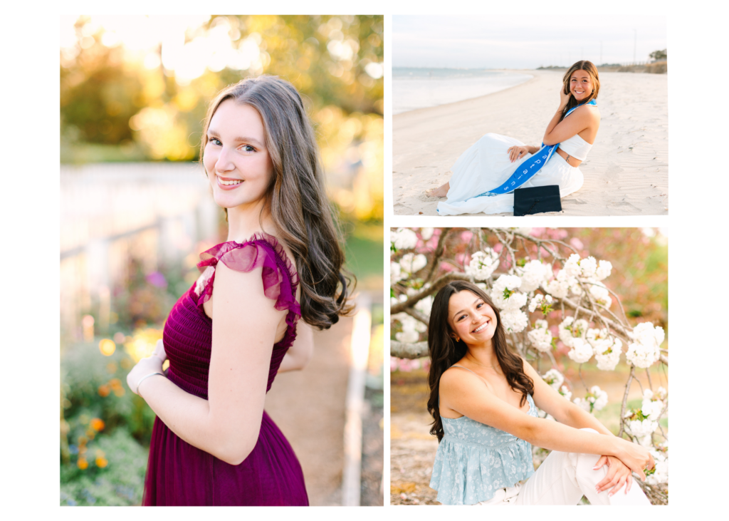 Collage of senior portraits taken in Yorktown and Williamsburg, Virginia - featuring golden hour, natural light, and candid moments.