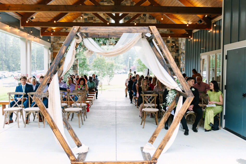 The Grand Porch at The Maine of Williamsburg set for a wedding ceremony