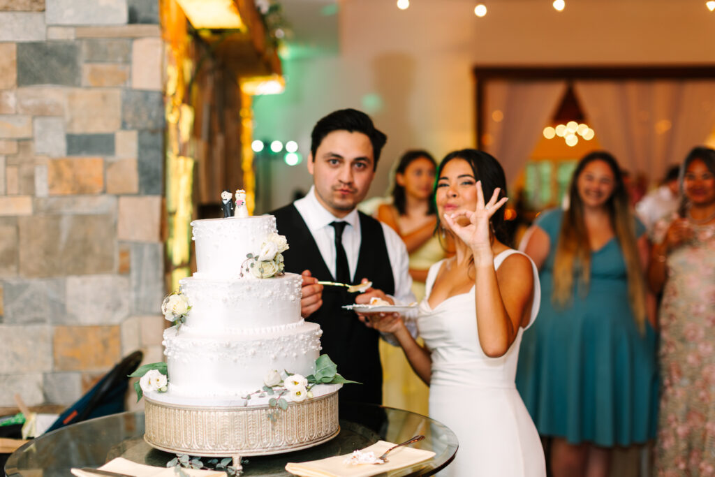 Cake cutting during the wedding reception at The Maine of Williamsburg with cake by Sweets by Susan